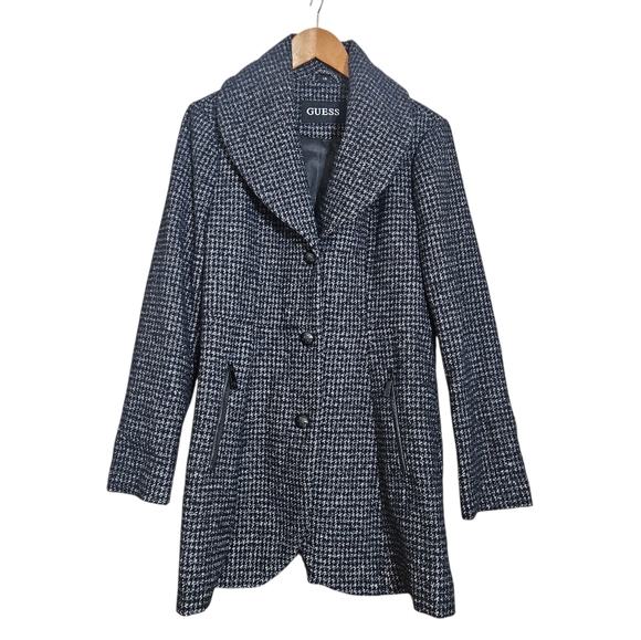 GUESS Wool-Blend Black/White Houndstooth Lined Coat Jacket Women’s Large - Picture 1 of 11